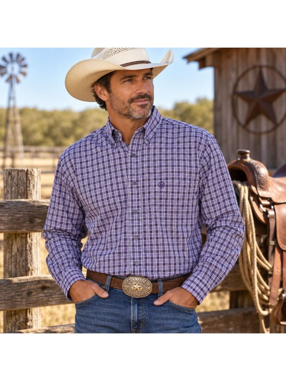Wrangler George Strait Cowboy Cut Shirt Mens 2XL Purple Plaid Western Button Dow